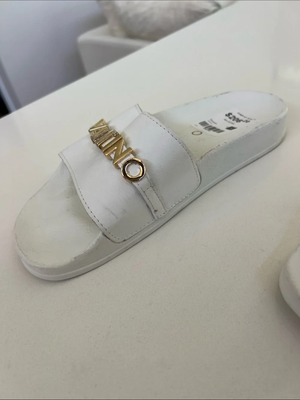 Valentino white leather open toe pool slides sandals with gold tone lettering 5
